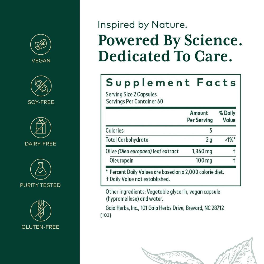 Gaia Herbs PRO Olive Leaf 1360 bottle with label