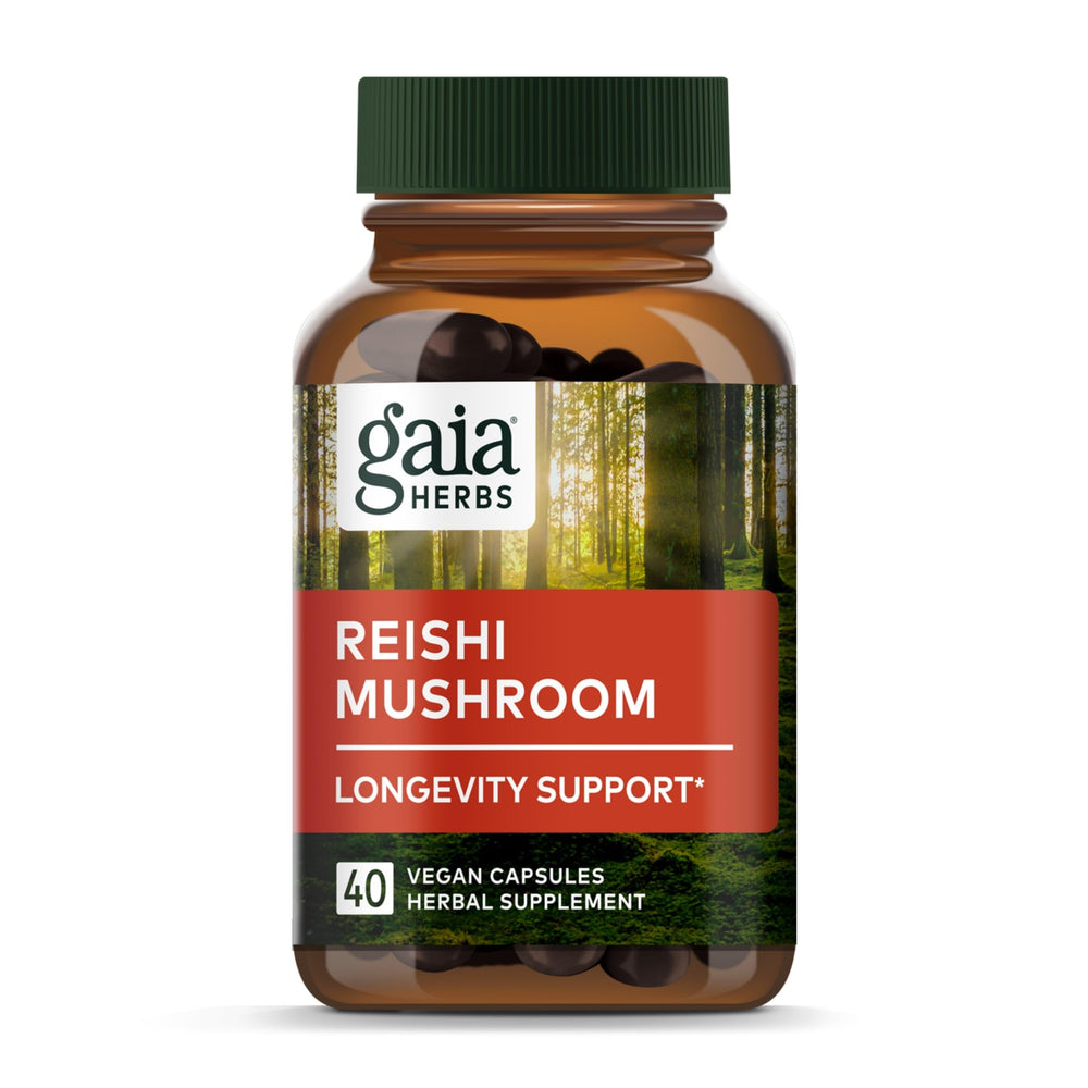 Gaia Herbs Reishi Mushroom bottle and 40 vegan liquid phyto-capsules