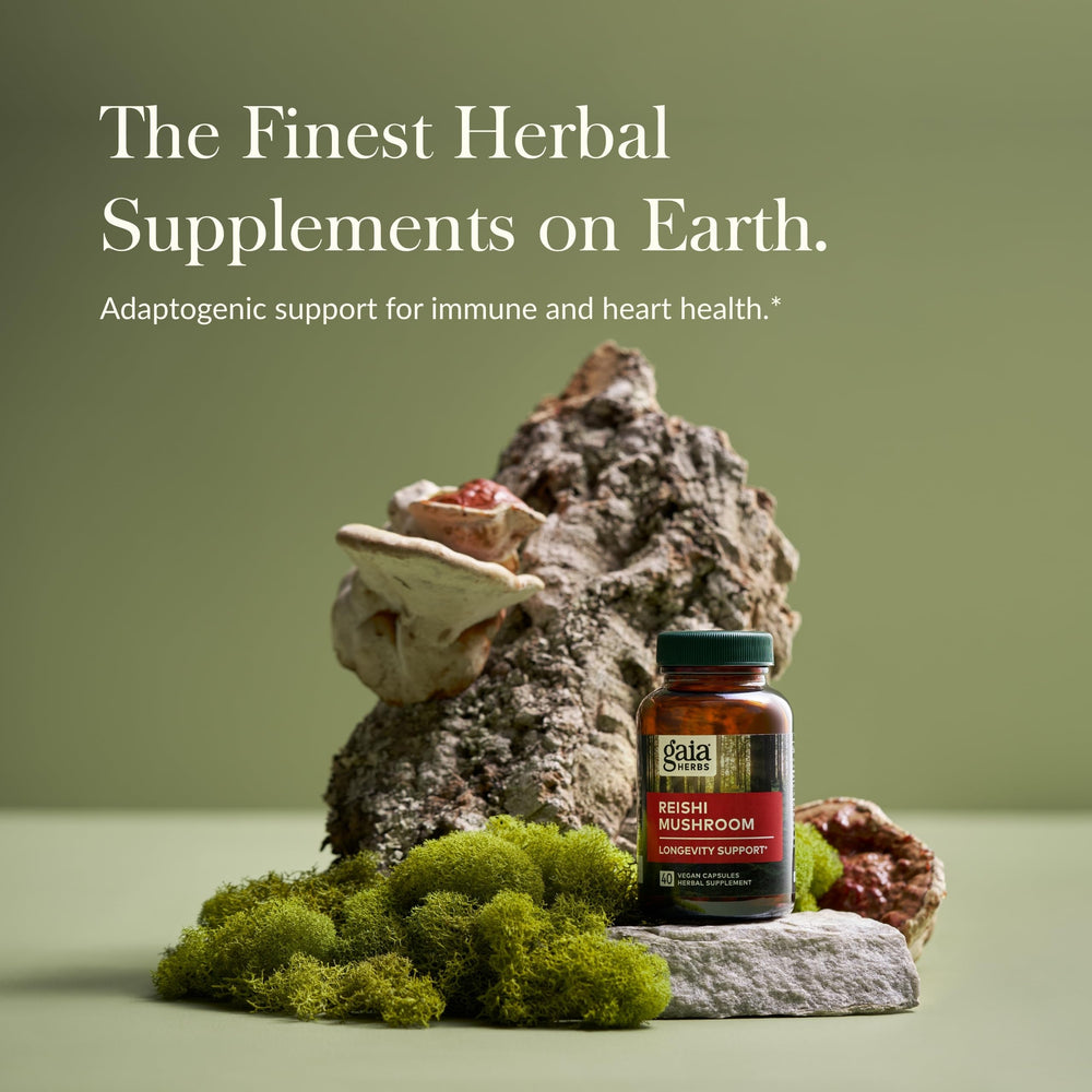 Close-up of Gaia Herbs Reishi Mushroom capsules