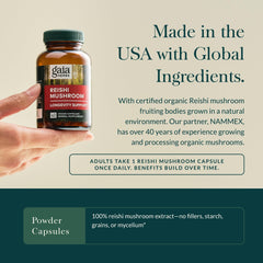 NC, USA-made vegan Reishi capsules in blister pack