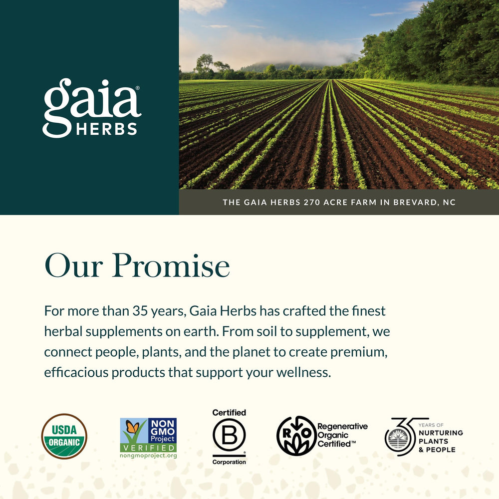 Gaia Herbs displayed with apple lemon blueberry fruit ingredients benefit