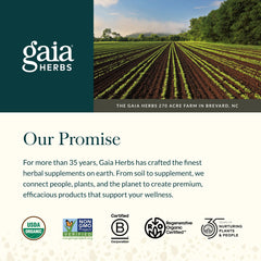 Gaia Herbs displayed with apple lemon blueberry fruit ingredients benefit