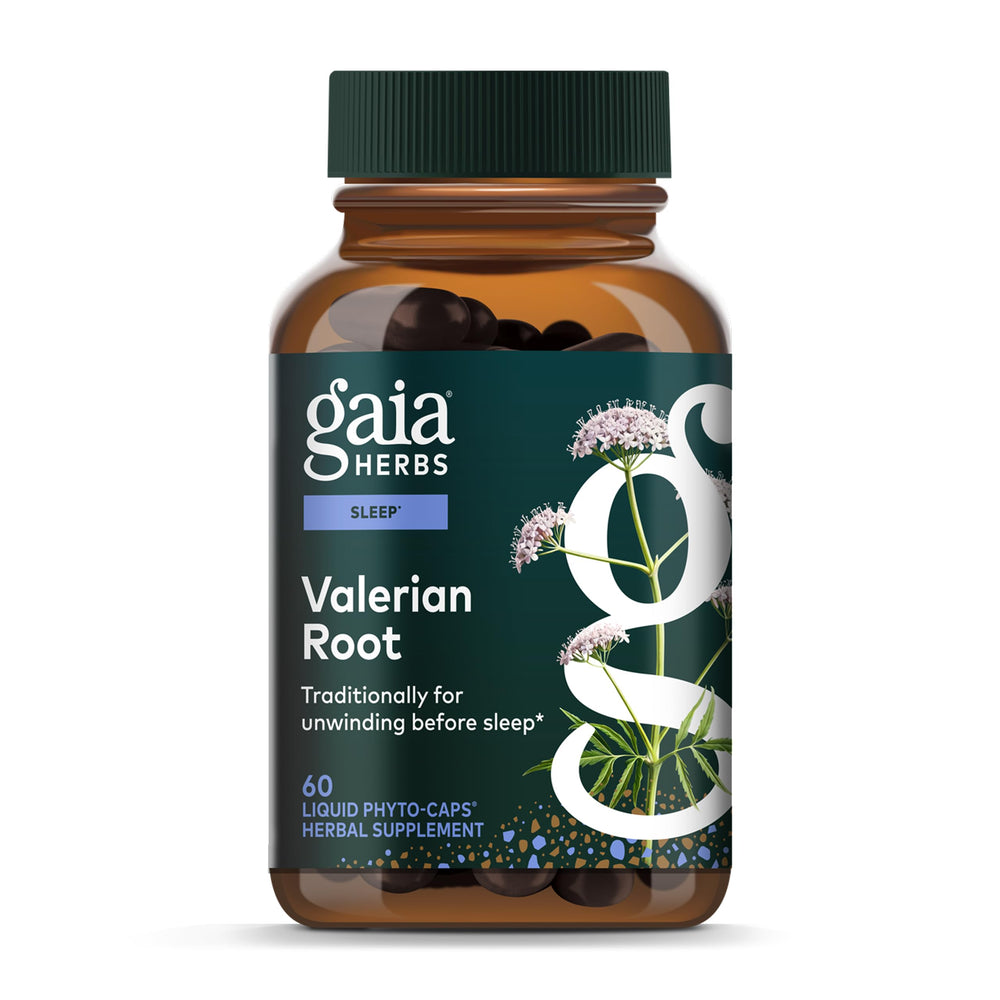 Gaia Herbs Valerian Root bottle showing 60 vegan liquid phyto-capsules