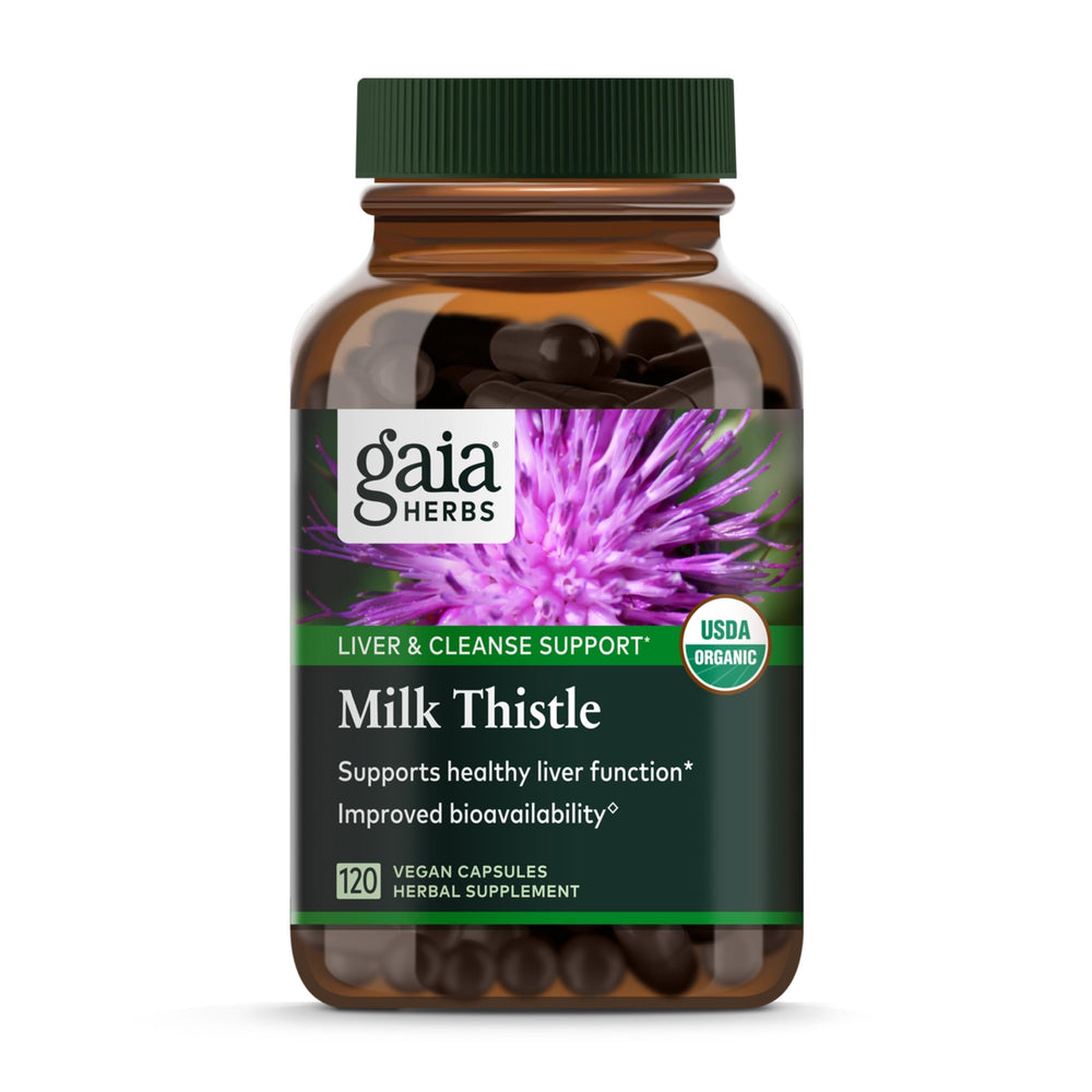 Gaia Herbs Milk Thistle bottle and label on white background