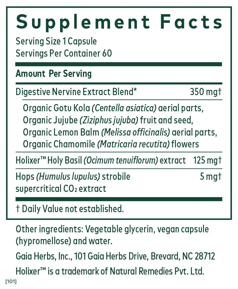 Gaia Herbs PRO GI Stress ingredients: holy basil, gotu kola, jujube, lemon balm, chamomile