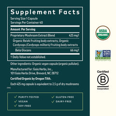 Gaia Respiratory Mushroom Blend packaging showing 40 vegan capsules