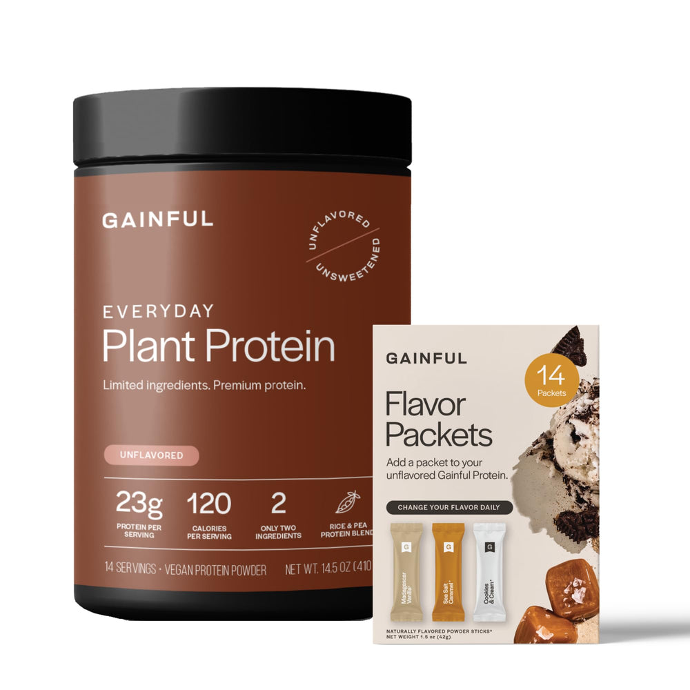 Gainful Everyday Protein bottle highlights 23g protein for strength and recovery.