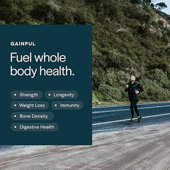 Gainful measuring scoop over protein powder jar for quick, precise prep