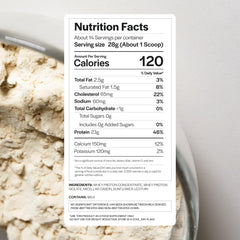 Close-up of nutrition label showing 23g protein per serving