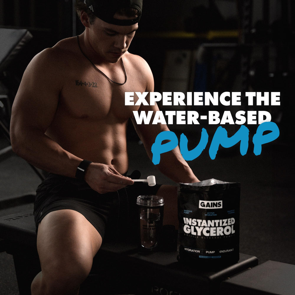 GAINS IN BULK glycerol powder being poured into water shows quick mix for fast absorption