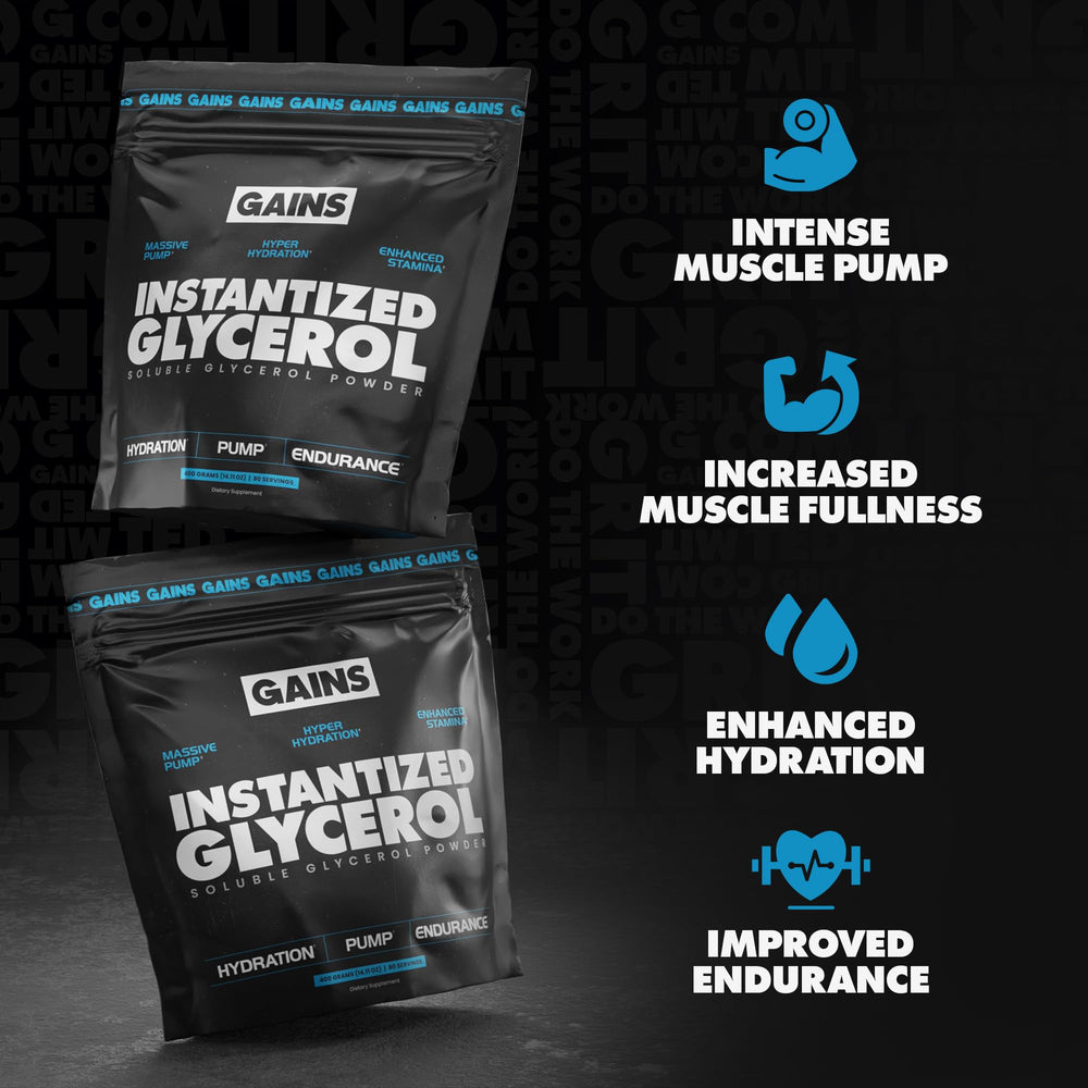 GAINS IN BULK glycerol powder scoop highlights easy pre-workout dosing for pumps
