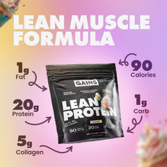GAINS IN BULK Lean Protein blender shot shows creamy shake after workout.