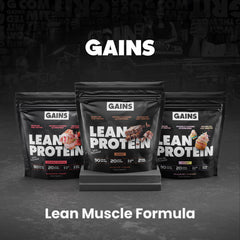 GAINS IN BULK Lean Protein post-workout shake setup supports muscle recovery.