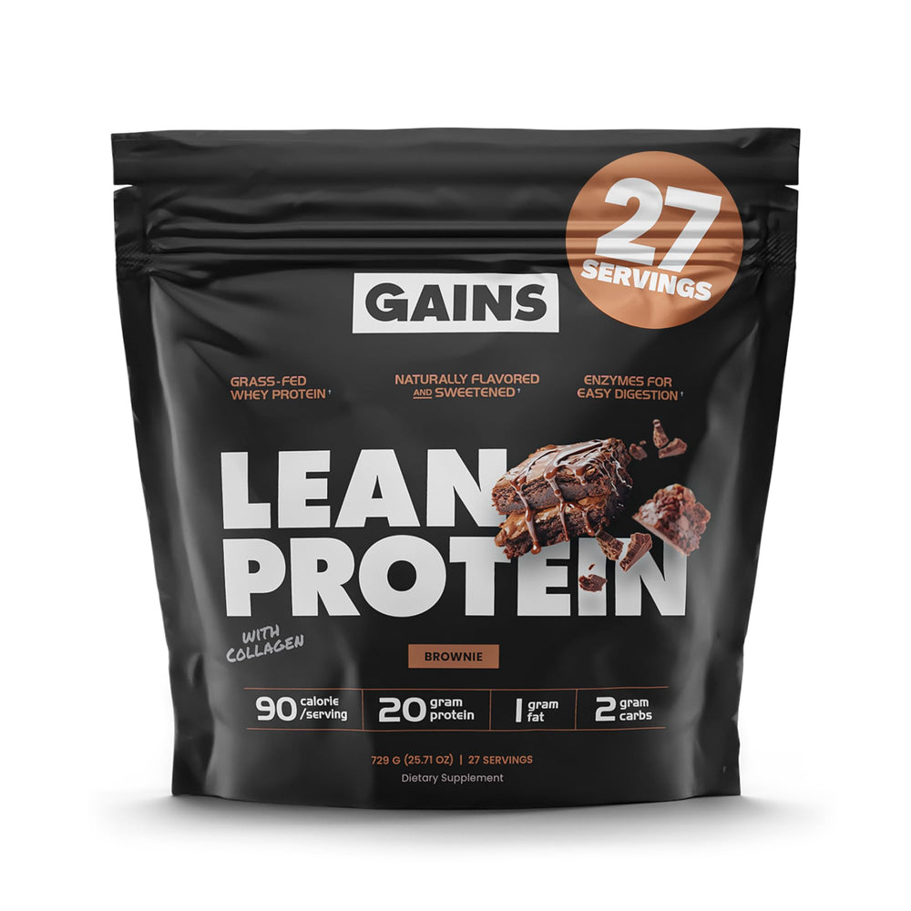 GAINSINBULK Lean Protein Brownie tub shows 20g protein per serving for lean muscle support.
