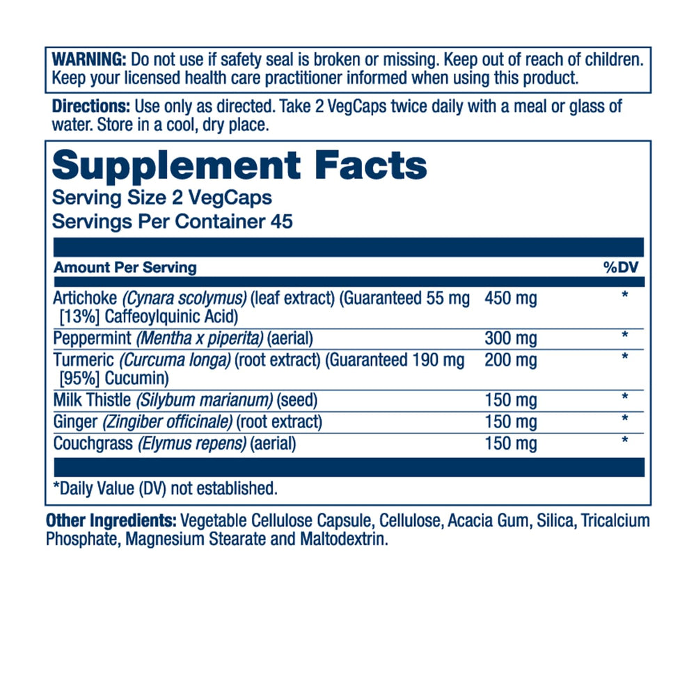 Herbal blend ingredients including artichoke, peppermint, turmeric, milk thistle, ginger, and couchgrass