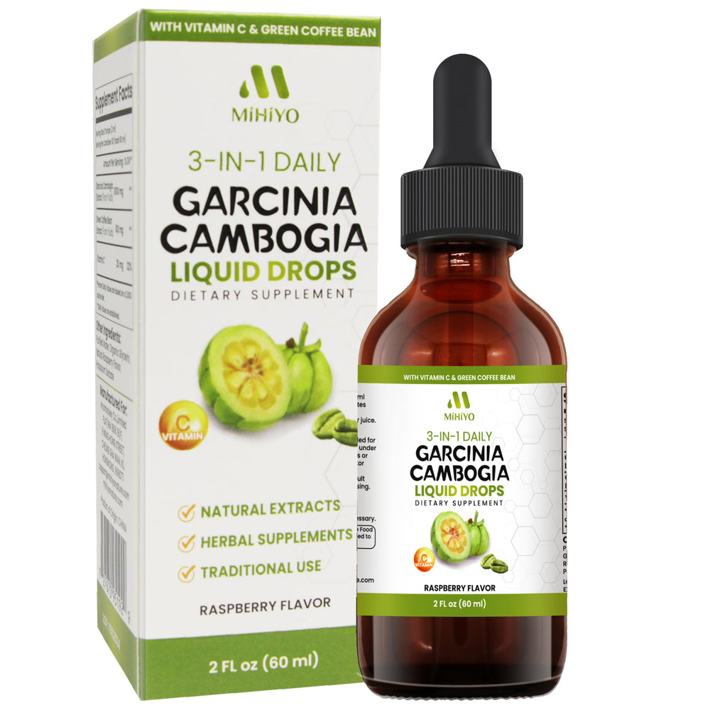Bottle of 3-in-1 Garcinia Cambogia Liquid Drops with raspberry flavor