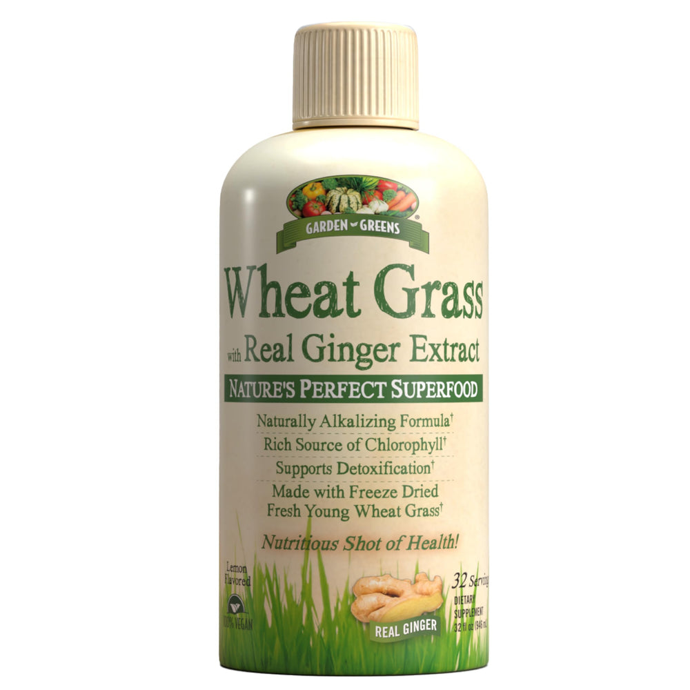 Garden Greens Wheat Grass Liquid bottle with ginger extract and 32 servings
