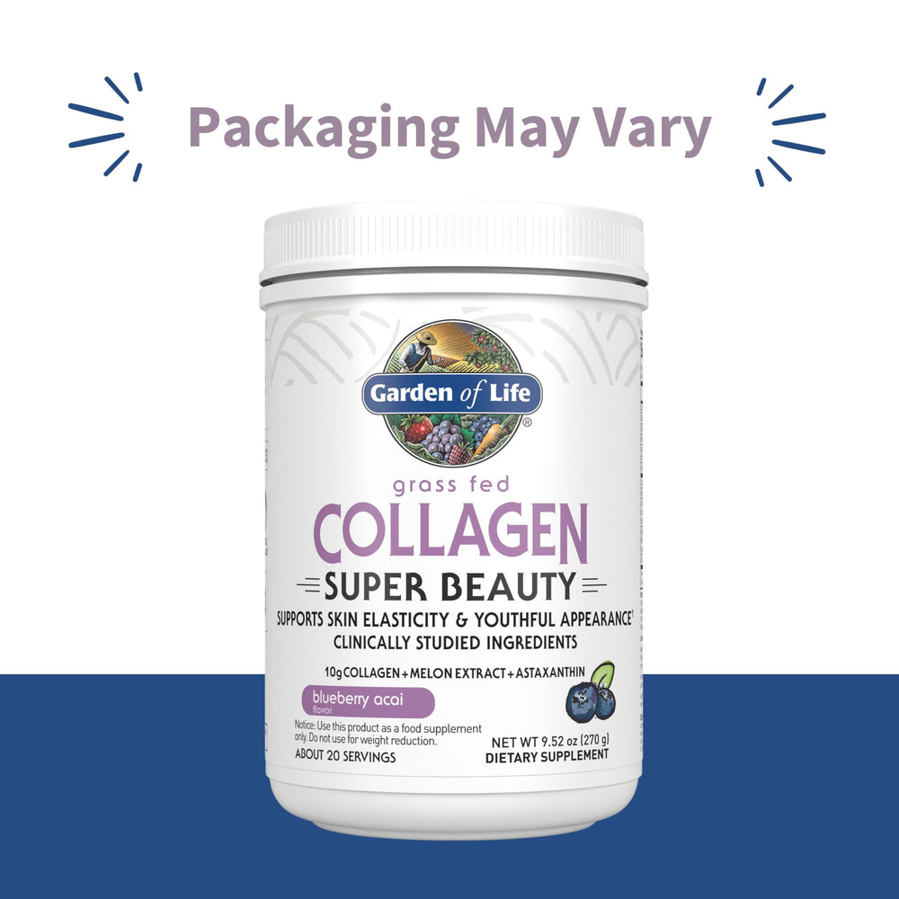 Product packaging for Garden of Life Collagen Super Beauty Powder Blueberry Acai