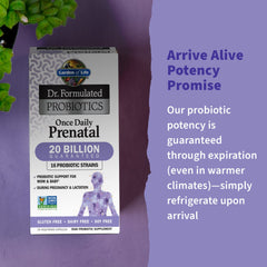 Close-up of product label highlighting 20 Billion CFU and 16 probiotic strains