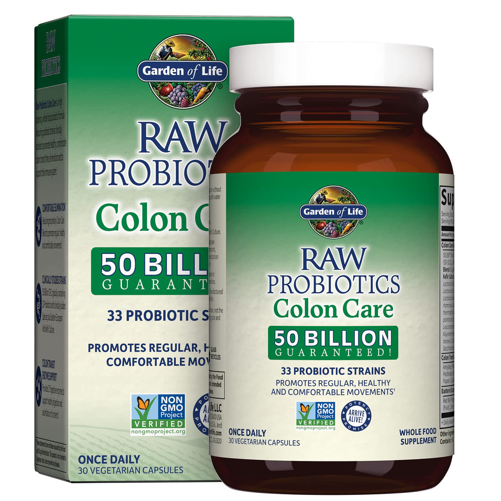 Garden of Life Raw Probiotics Colon Care bottle and capsules showing 50 Billion CFU, 30 capsules