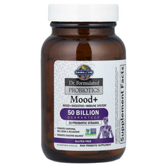 Close-up of Mood+ Probiotics label showing 50 Billion CFU and 16 strains