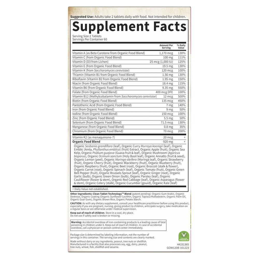 Nutrition facts for Garden of Life Organics Women's Multi