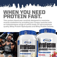 Gaspari Myofusion ingredients closeup showing whey, casein, and isolates for balanced nutrition