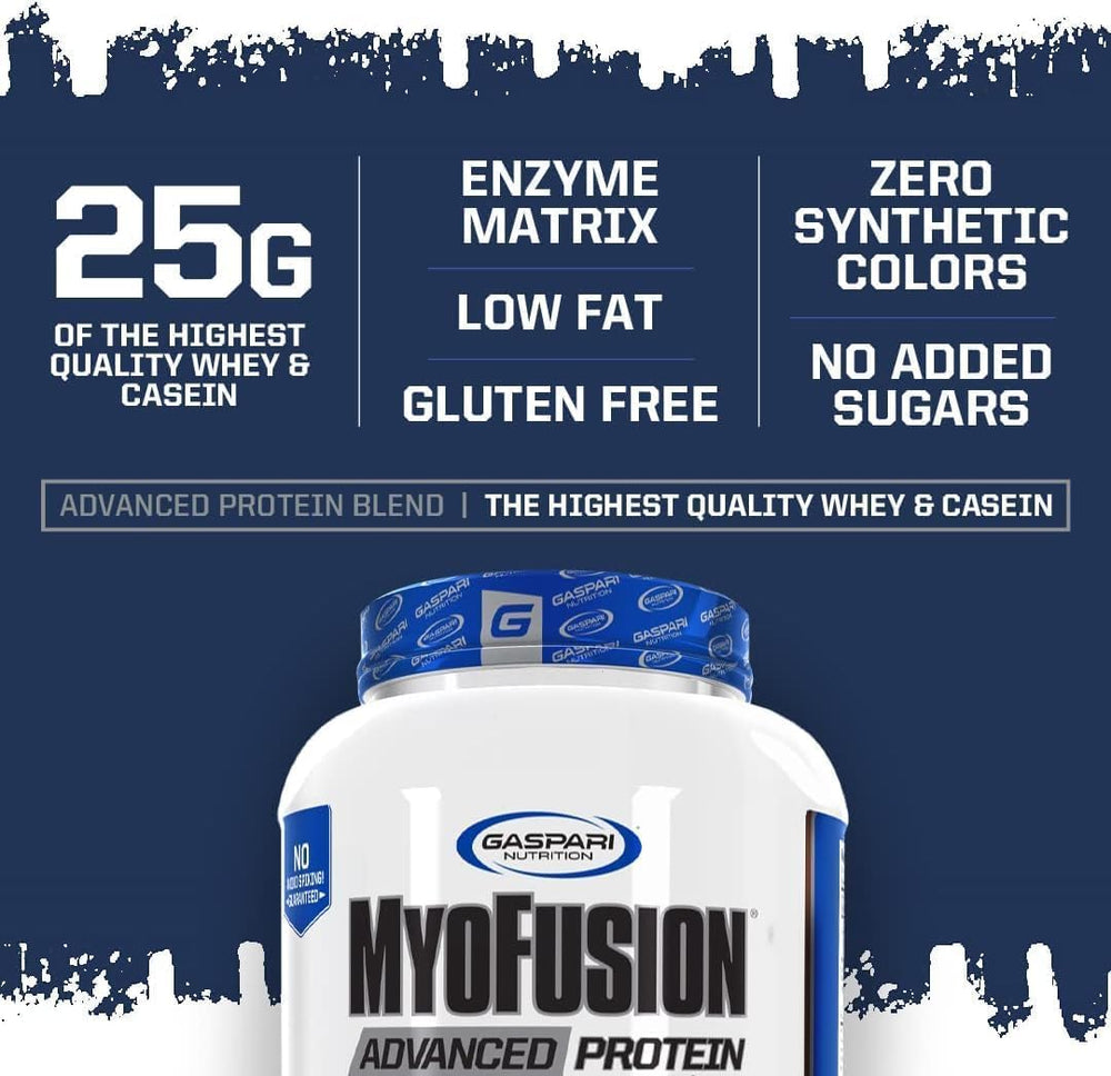 Gaspari Myofusion tub side-view conveying premium packaging and transparency