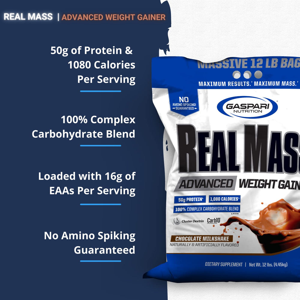 Gaspari Nutrition Real Mass protein-matrix close-up highlighting premium blend.