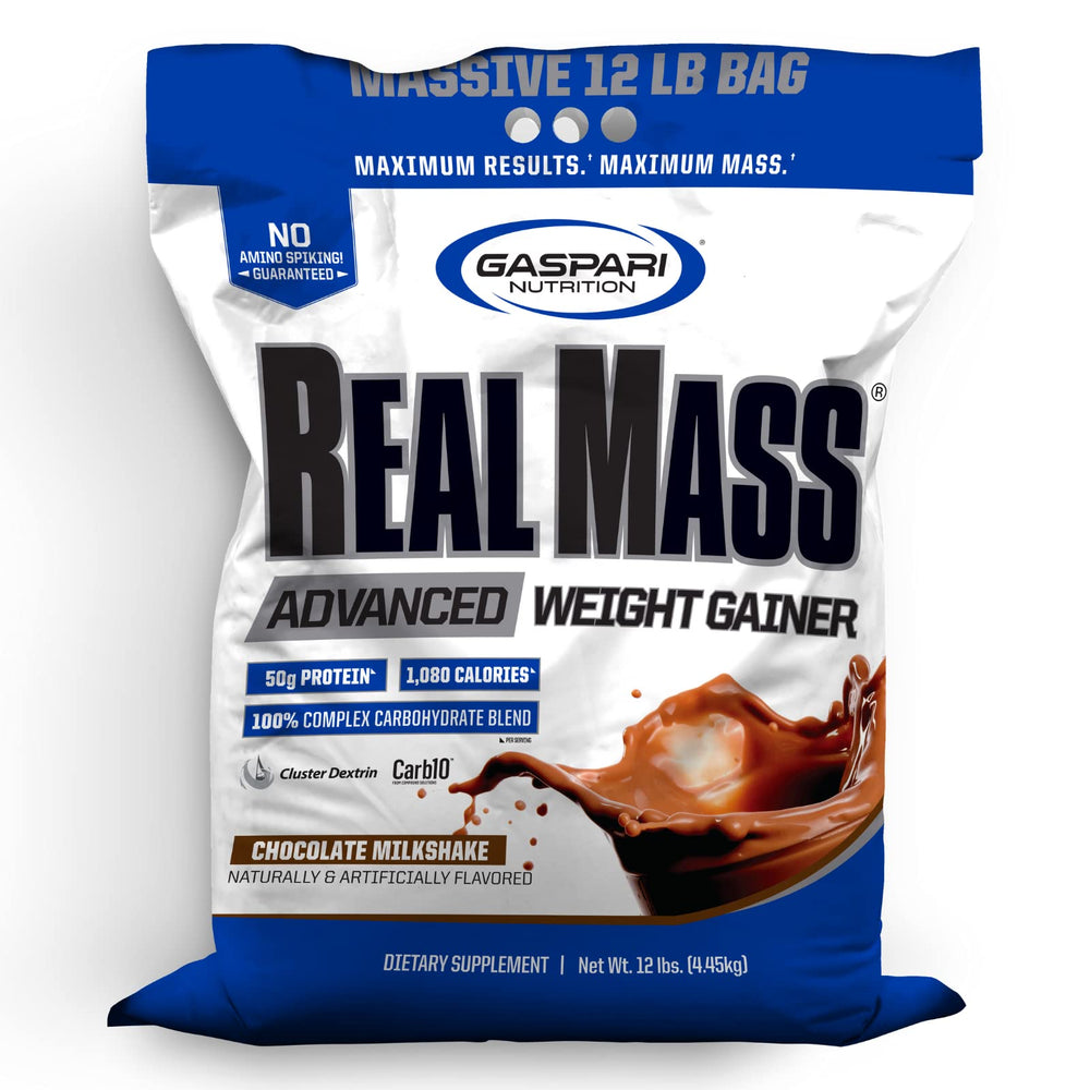 Gaspari Nutrition Real Mass tub with Chocolate Ice Cream flavor for protein-rich gains.