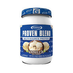 Gaspari Nutrition Proven Blend vanilla tub front shows 24g protein per serving for lean muscle support.