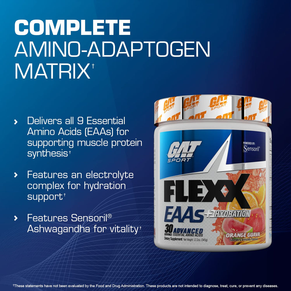 GAT SPORT Flexx EAAs + Hydration powder closeup emphasizes essential amino acids and flavor.