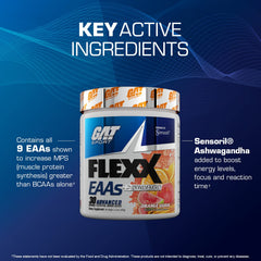 GAT SPORT Flexx EAAs + Hydration servings illustration suggests training recovery potential.