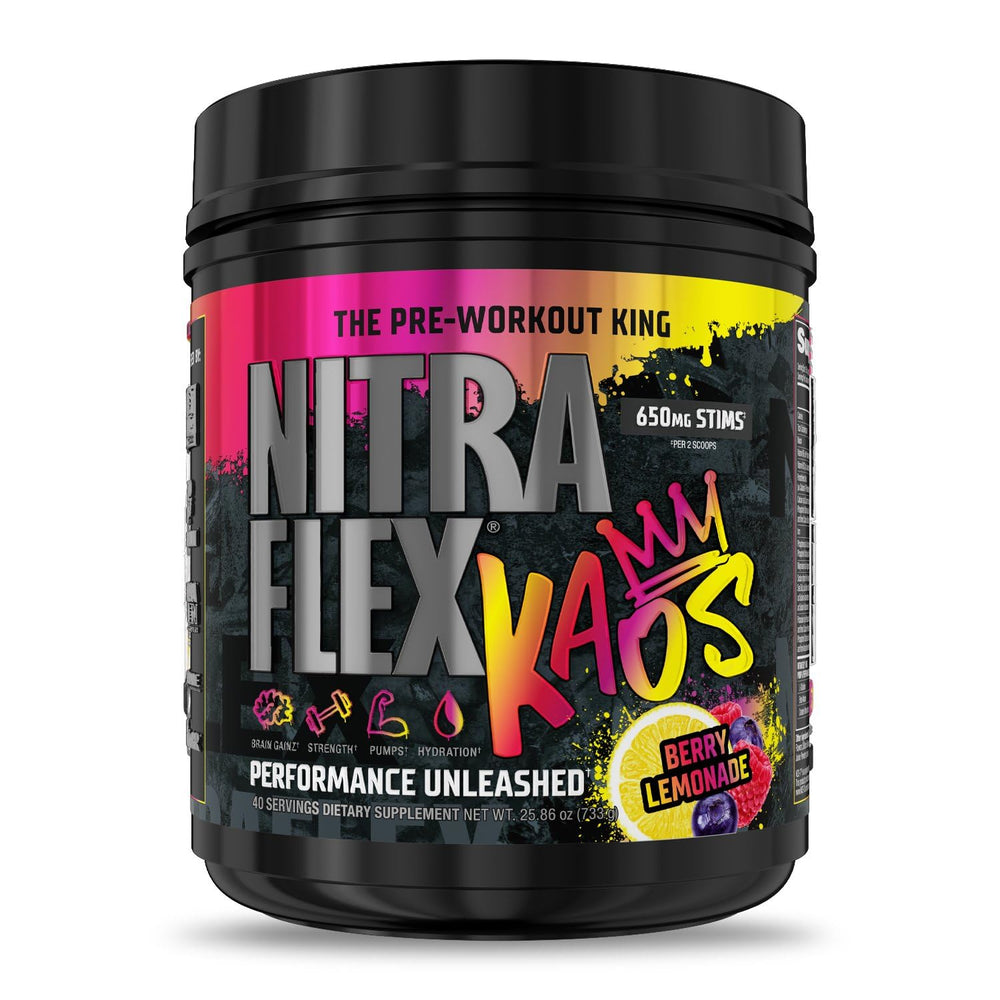 GAT SPORT Nitraflex KAOS Berry Lemonade tub ready for pre-workout energy