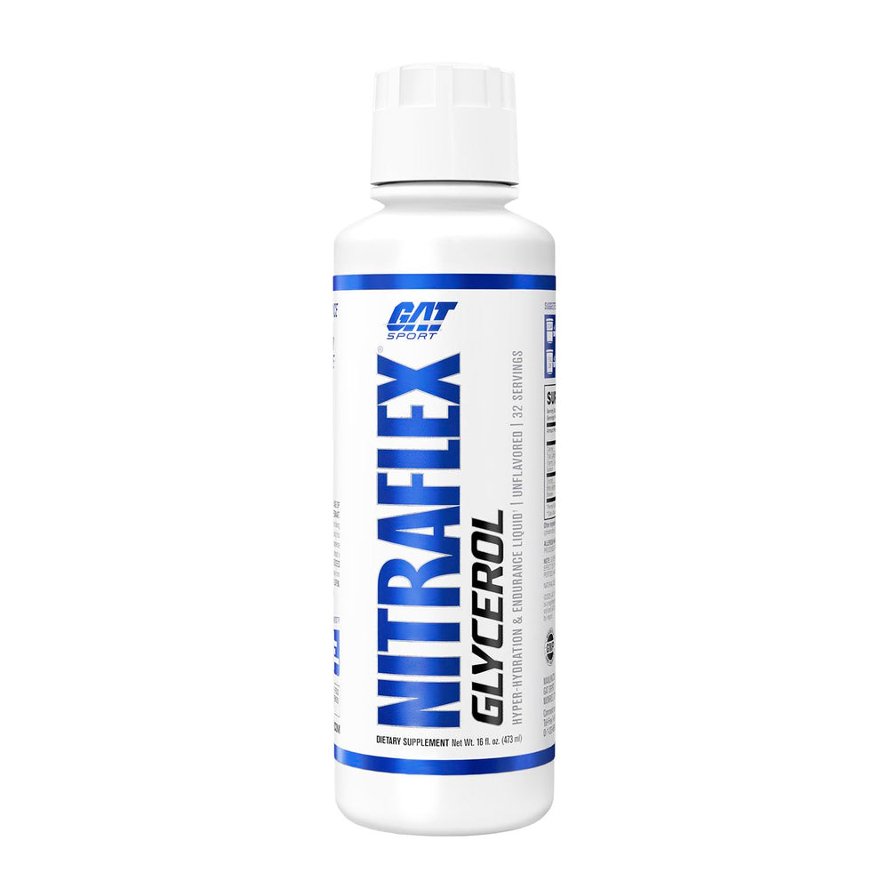 GAT SPORT Nitraflex liquid preworkout bottle highlights hydration-driven performance support.