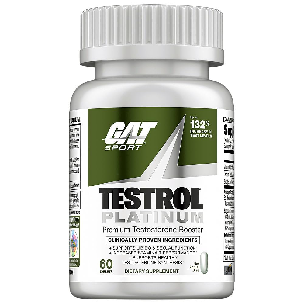 GAT SPORT Testrol Platinum bottle showing testosterone support and muscle recovery potential