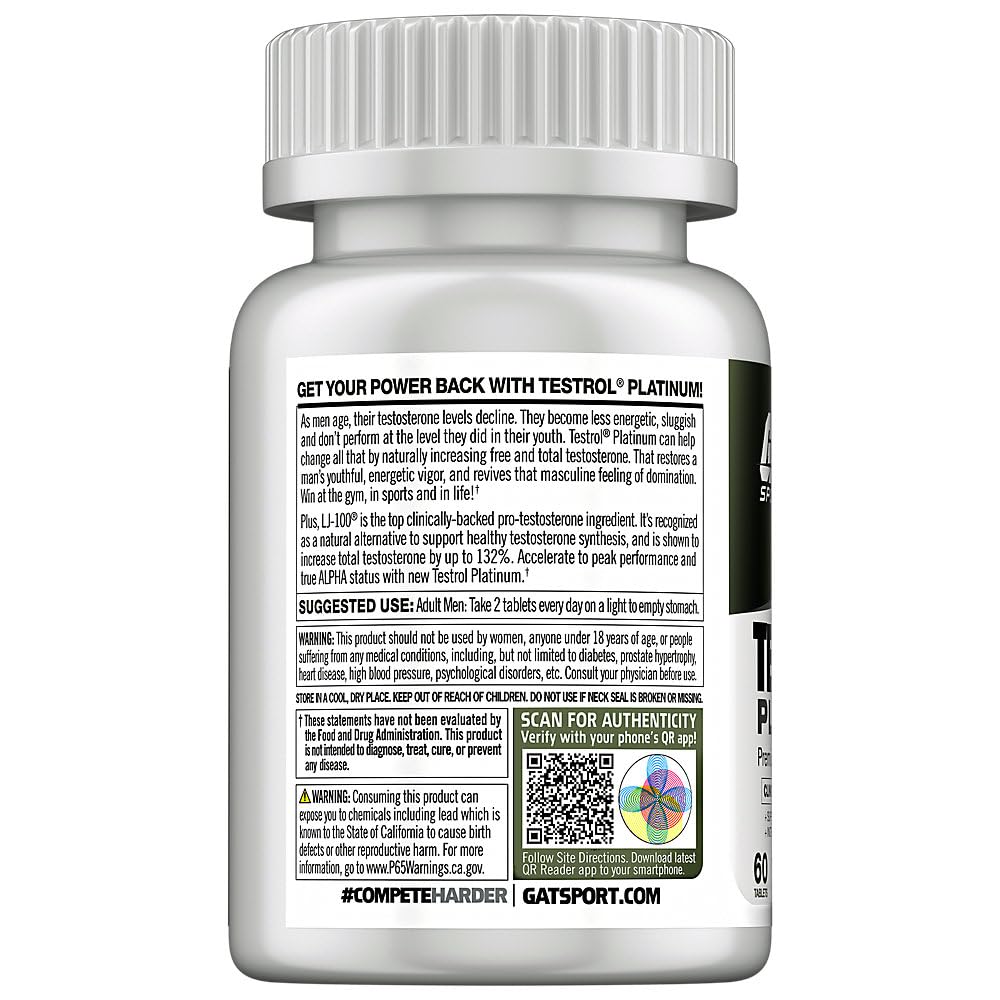 GAT SPORT Testrol Platinum label emphasizes science-backed ingredients for testosterone balance