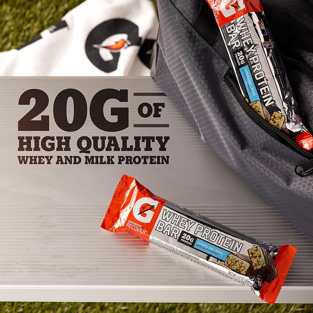 Gatorade Whey Protein Recover Bars after-workout routine shot suggests convenient recovery snack