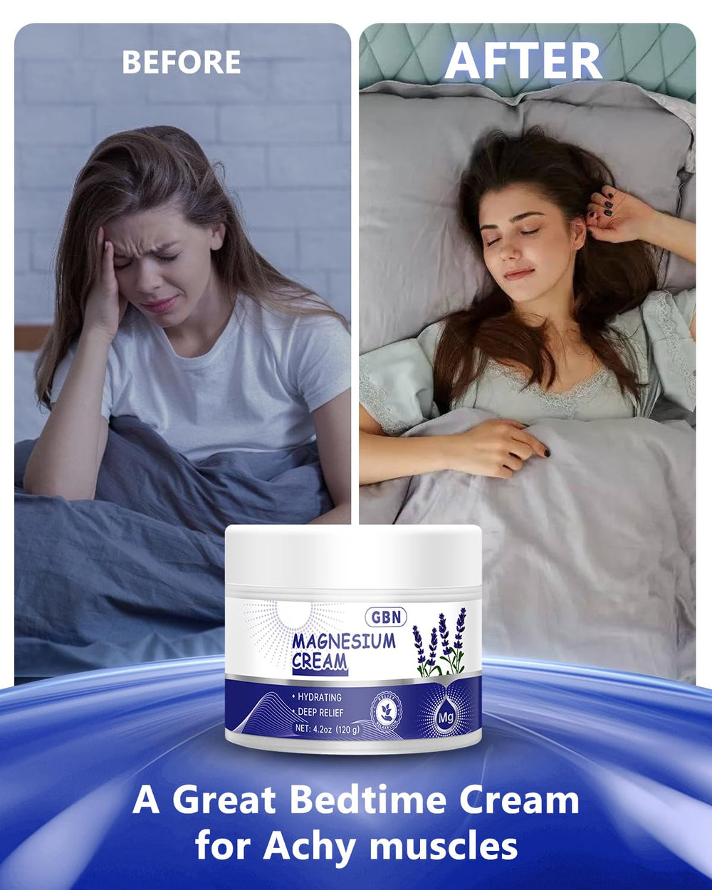 Close-up of ingredients: magnesium, shea butter, grape seed oil