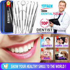 Stainless steel dental tools including mirror, tweezers and tongue cleaner