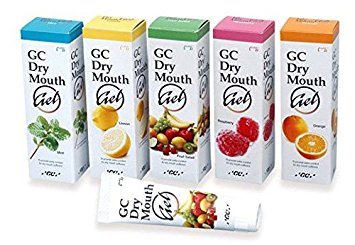 GC Dry Mouth Gel packaging showing two tubes with assorted flavors (raspberry, fruit salad, mint, lemon, orange)