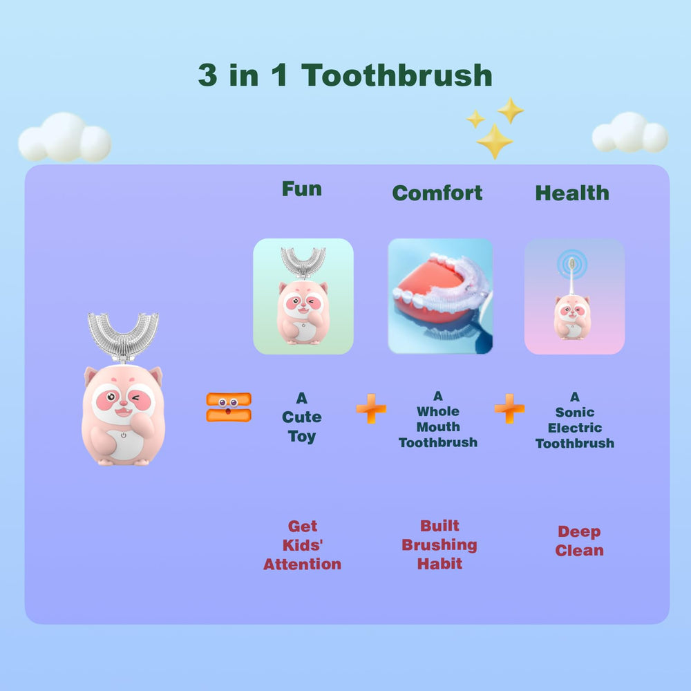 U-shaped sonic toothbrush for kids showing 5 interchangeable brush heads