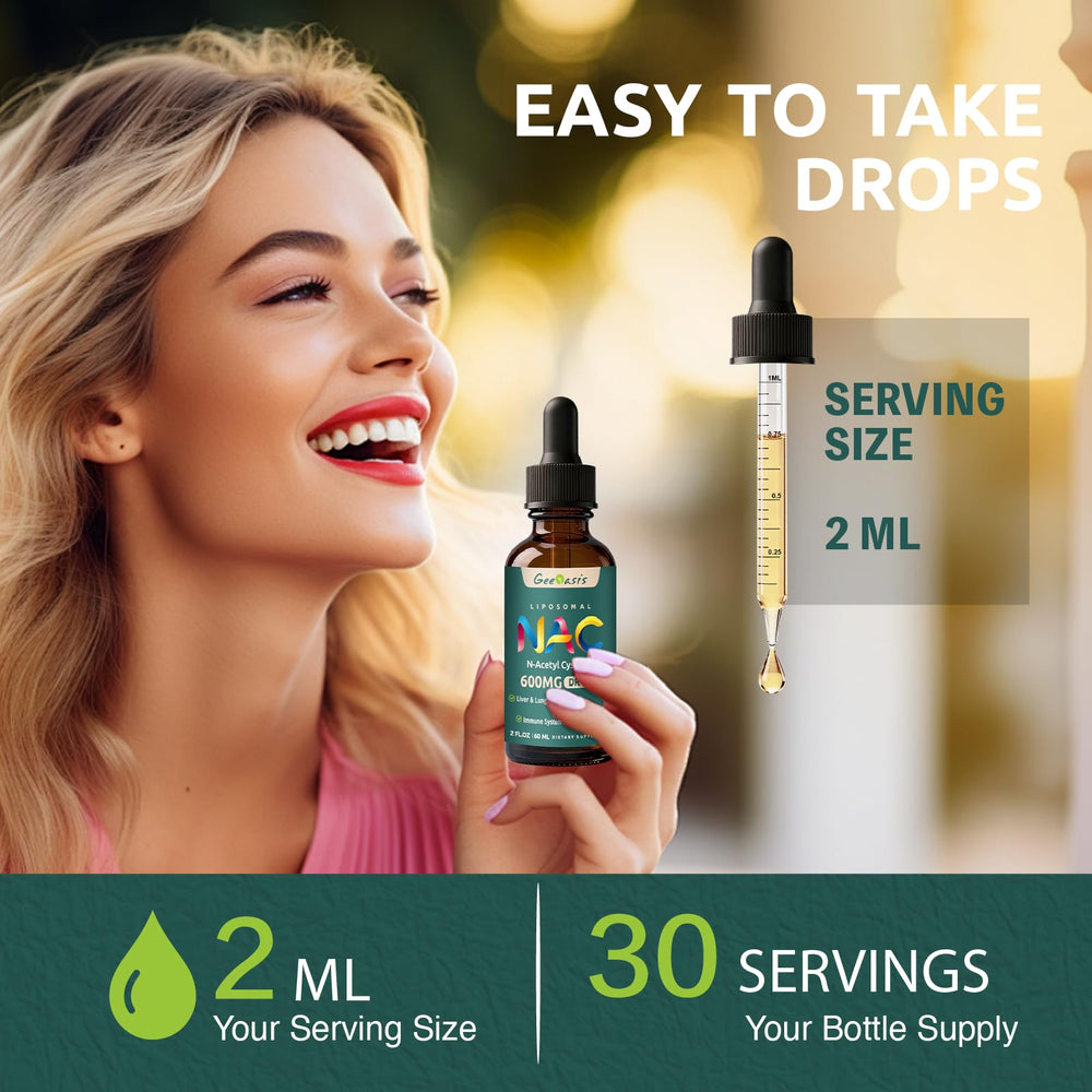 Geeoasis NAC liquid drops packaging and 2 oz bottle