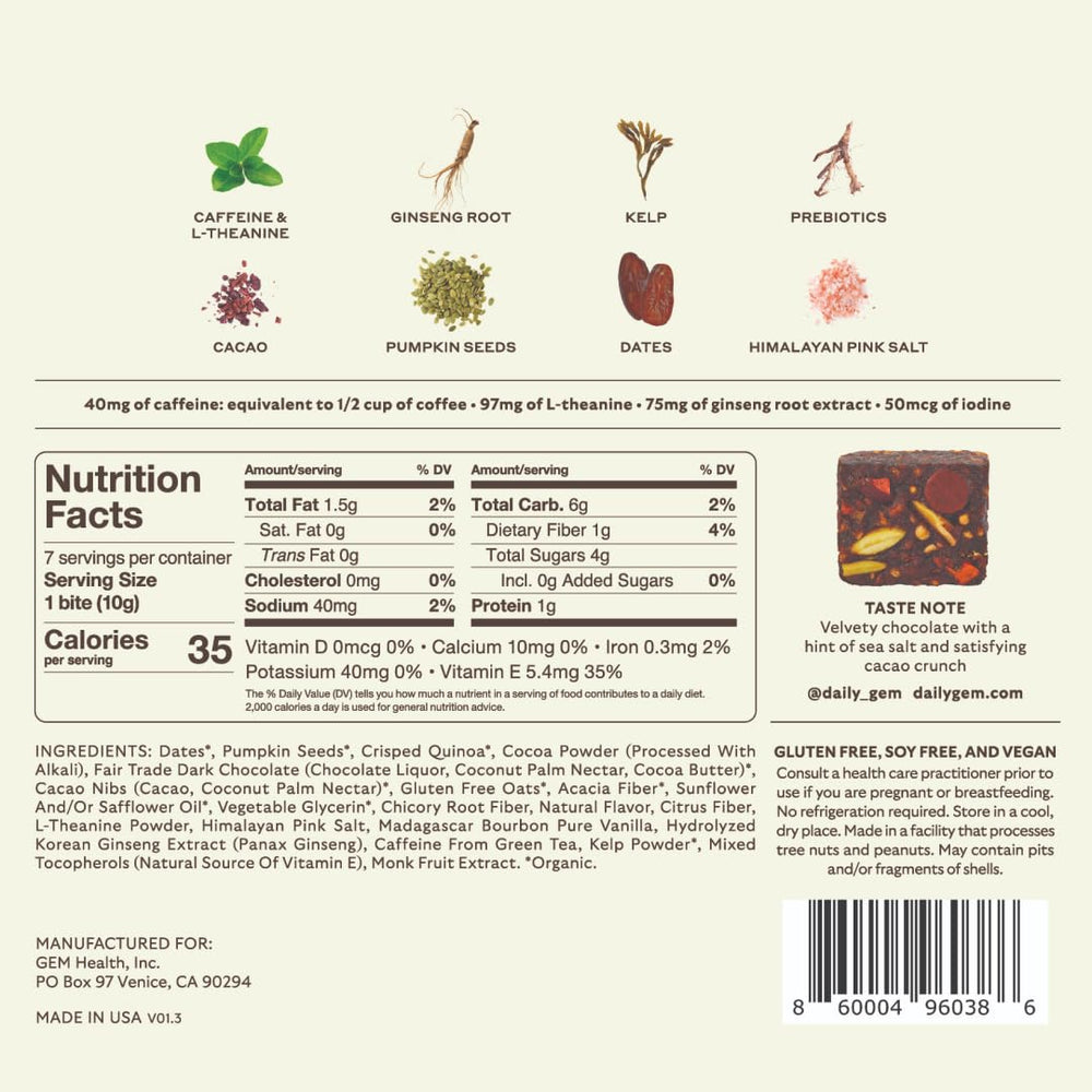 GEM Energy Bite closeup chocolate texture looks chewy and satisfying energy bite.