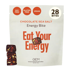 GEM Energy Bite packaging highlights chocolate sea salt flavor for a convenient energy boost.