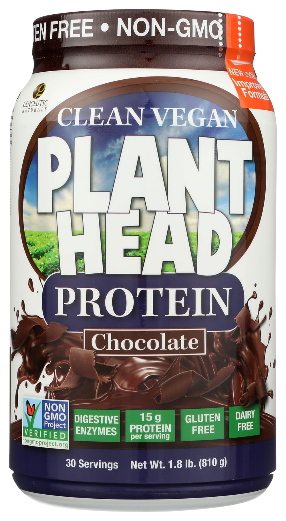 Genceutic Naturals Plant Head Protein Chocolate 1.8 lb jar front view