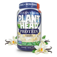 Front view of Genceutic Naturals Plant Head Vanilla protein powder container