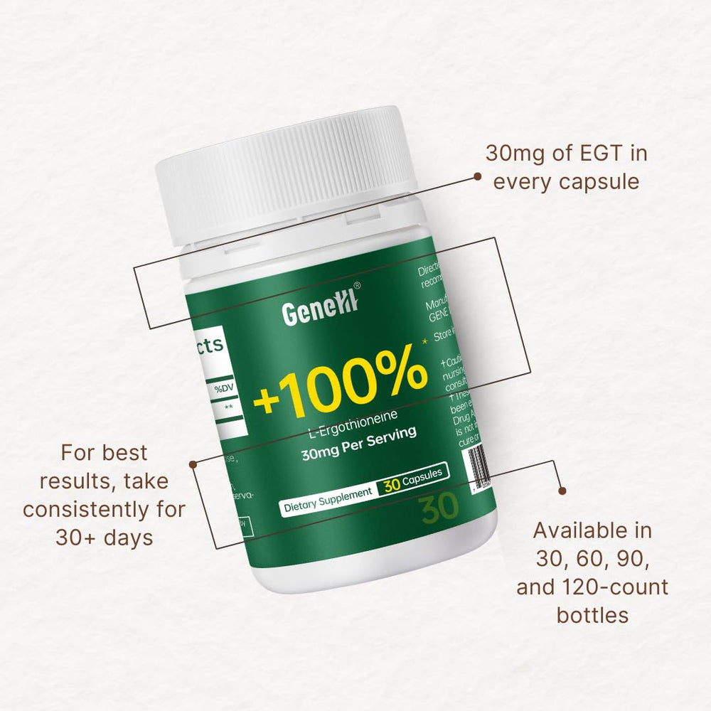 Front view of GENEIII ergothioneine bottle showing 30 servings per bottle