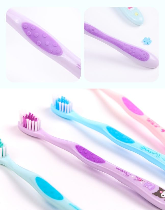 Close-up of cute character handle on purple toothbrush