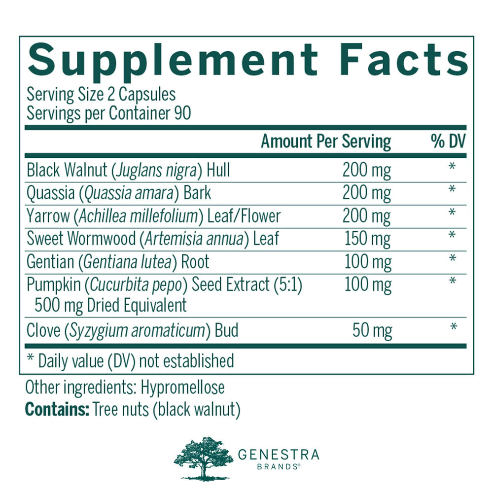 Genestra Black Walnut Capsules bottle on a neutral background